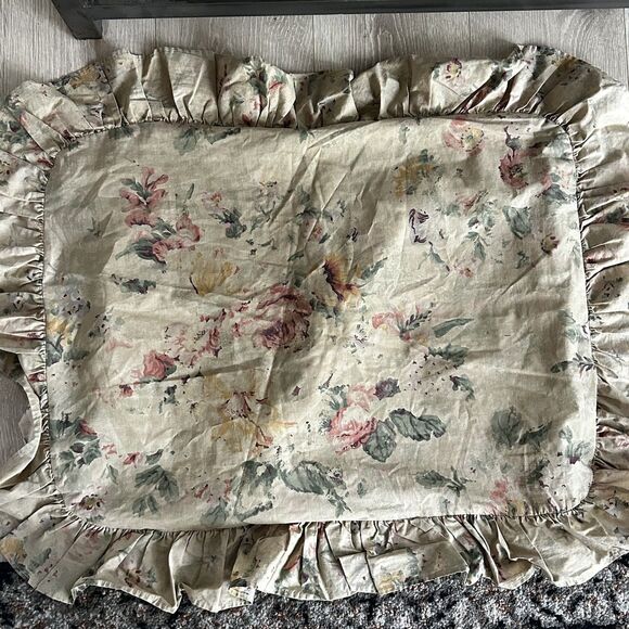 Vintage Ralph Lauren Francesca Queen Flat Sheet Set of 2 Ruffle Sham Tan Floral - Picture 11 of 16